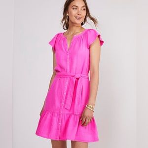 Vineyard Vines Seastitch Double Gauze Flutter-Sleeve Shirt Dress in Pink small
